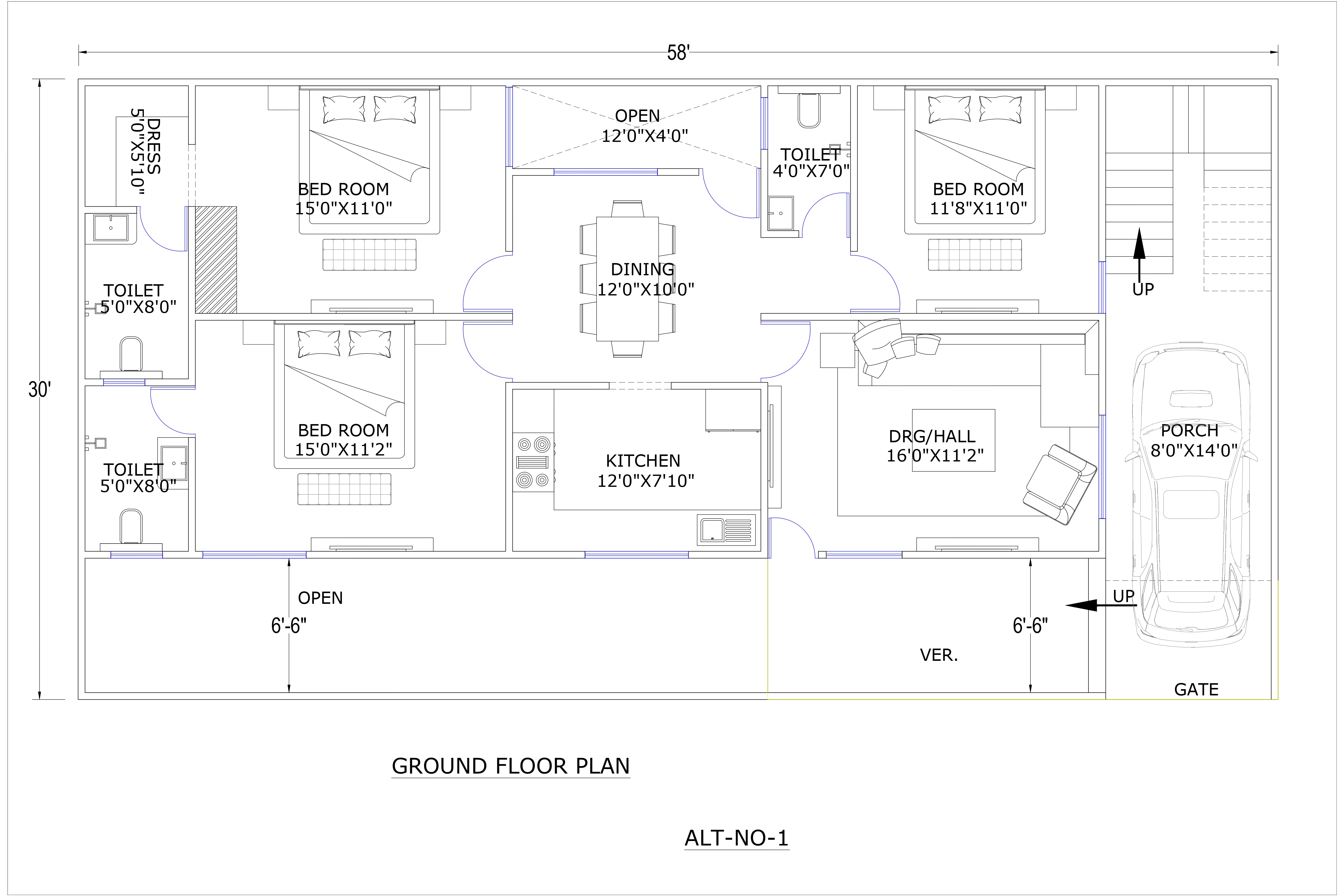 30x58 house map ground floor plan