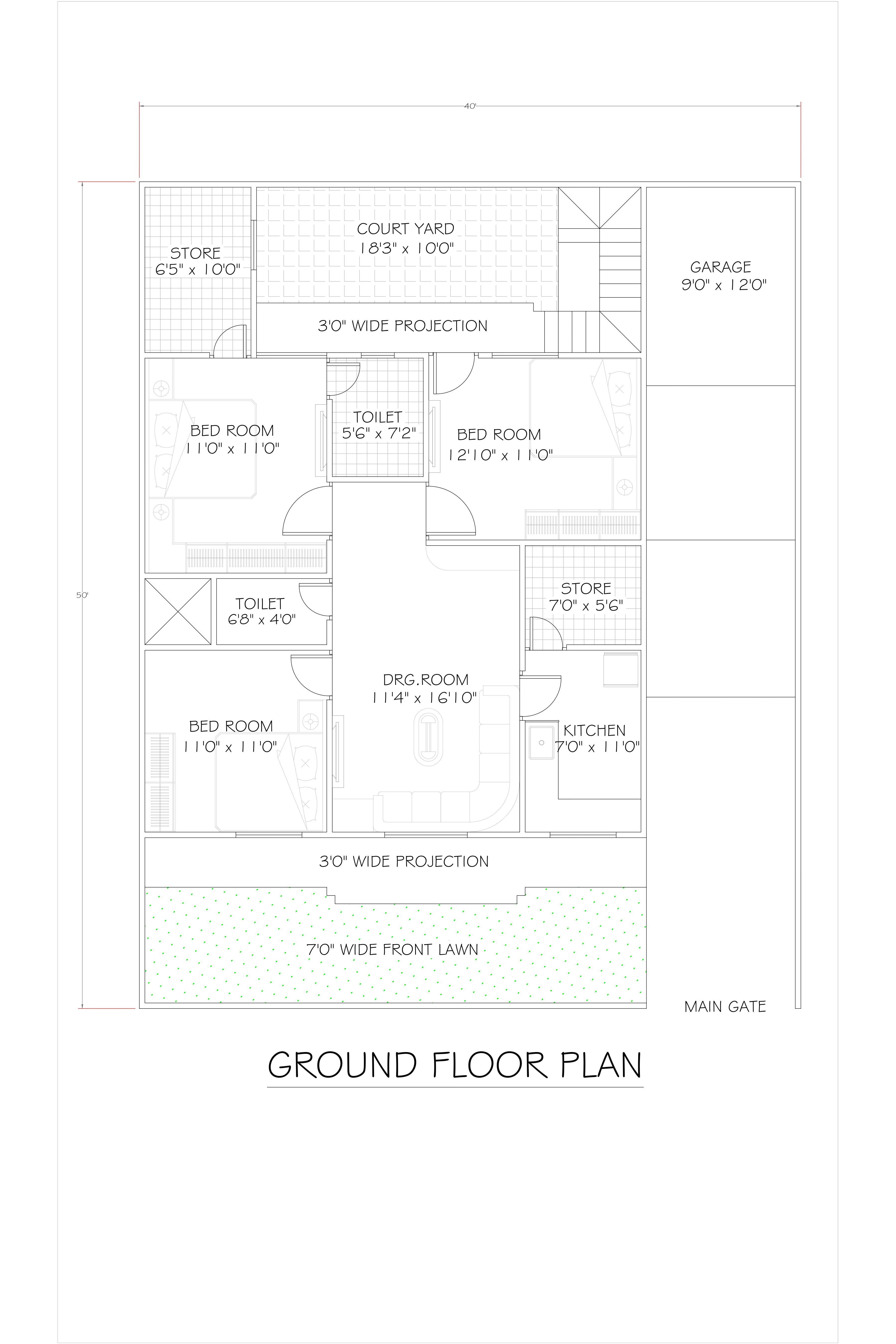 40X50 3 bhk house plan